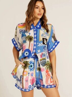 Blue Multi Print Short Sleeve Button Set